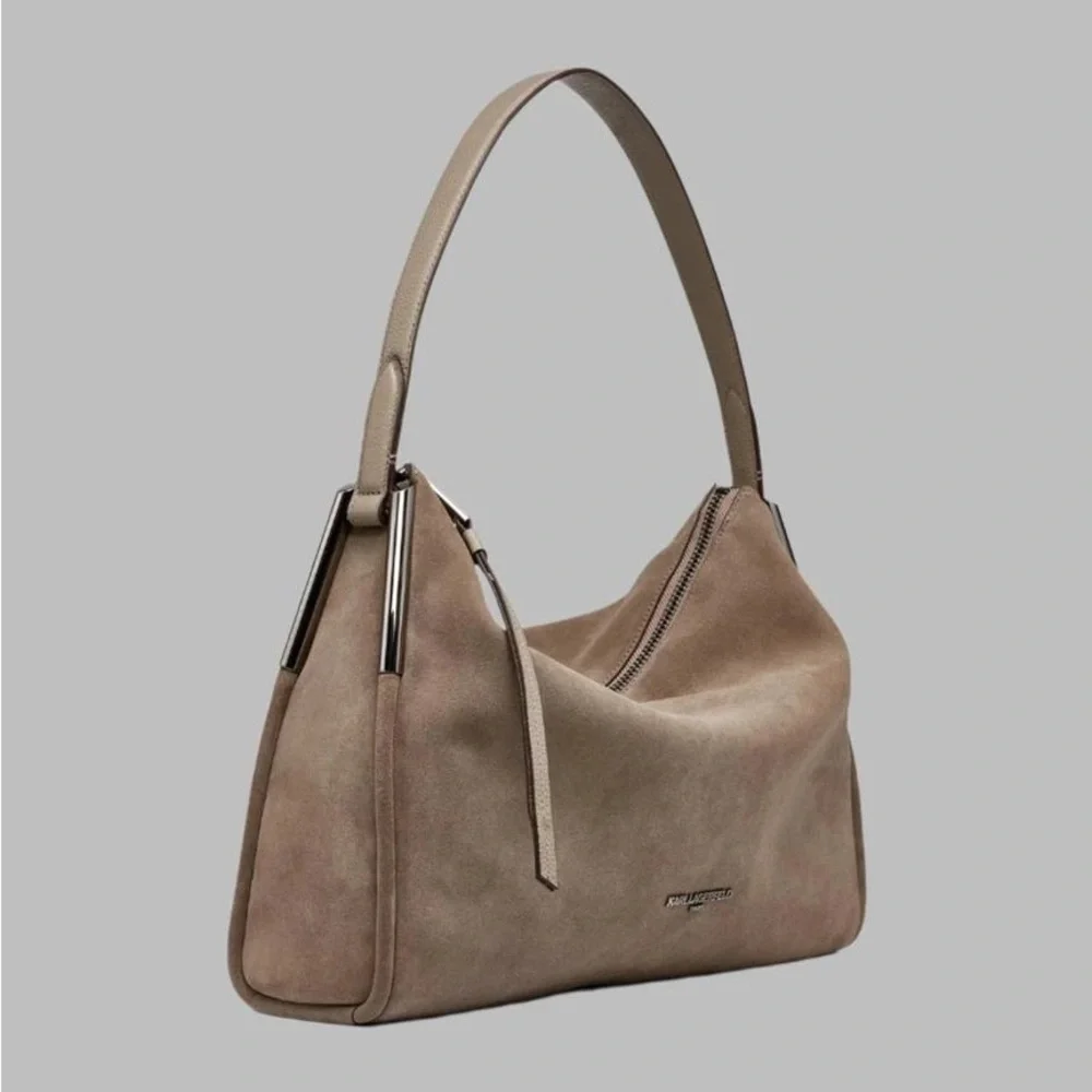 KARL LAGERFELD PARIS Valerie Suede Hobo- Truffle Brown